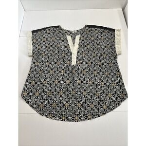Cato Est 1946‎ Blouse Womens Size 26W/28W Black Cream Tan V-Neck Cuffed Beads